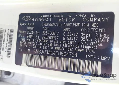 2014 Hyundai Tucson Se z USA, uszkodzony, nr VIN KM8JU3AG4EU804724